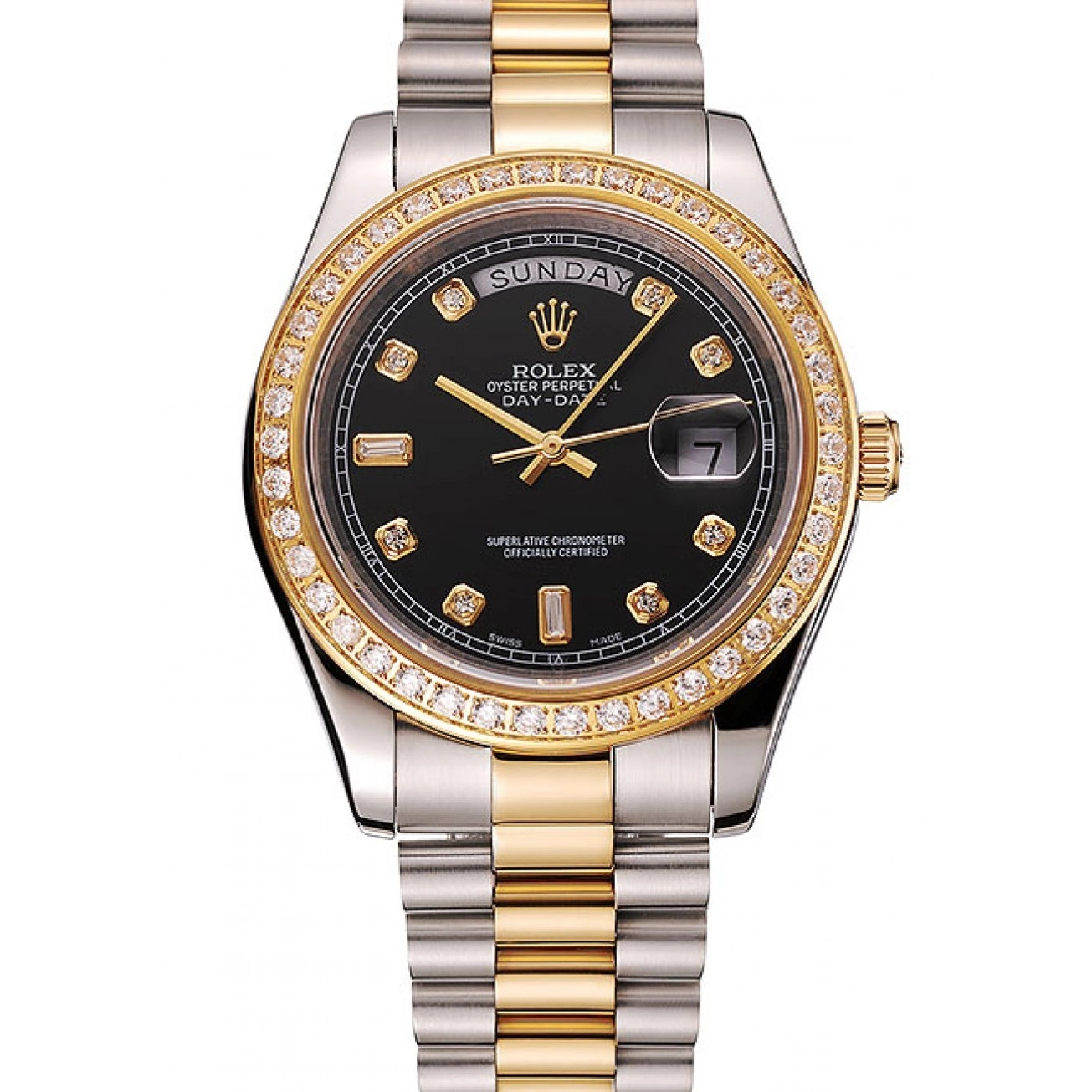 Aaa replica watch Dial Steel Gold Tone Swiss Bracelet Two 1453976 Stainless Rolex Case Diamond Day-Date Black 0726